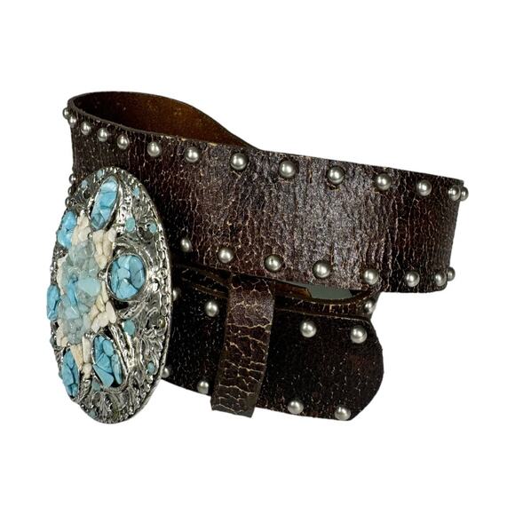 Leatherock Brown Leather Studded Turquoise Embellished Belt 32 Boho Western - Picture 3 of 7